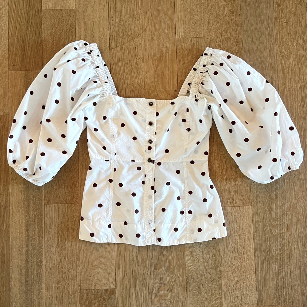 Ganni Polka Dotted Fit and Flare Cotton Top